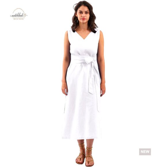 100% Linen Midi Dress Sleeveless V-Neck with Pockets Relaxed Fit